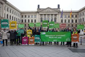 Menschen protestieren vor dem Bundesrat unter anderem gegen die Abschaffung der Agrardiesel-Subventionen. - Foto: Joerg Carstensen/dpa