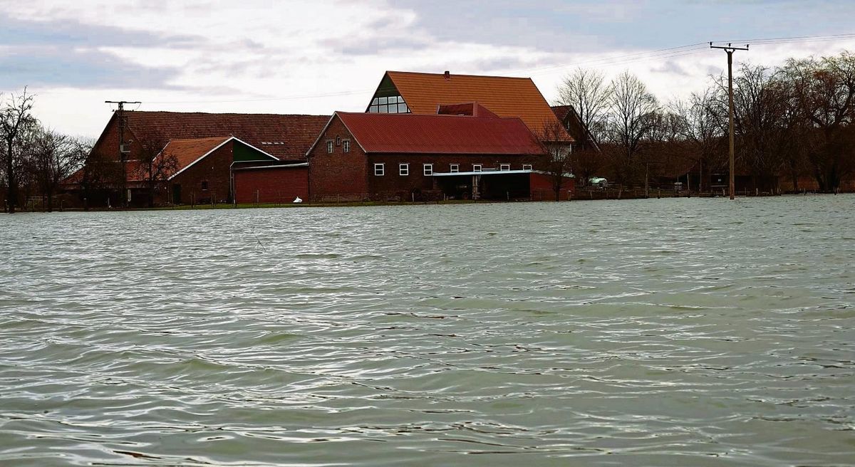 Land unter: Der Hof Wilhelms an der Kesseler Straße in Lippetal-Niederbauer ist wie eine Hallig ringsum von Wassermassen umgeben. Foto: Vielberg