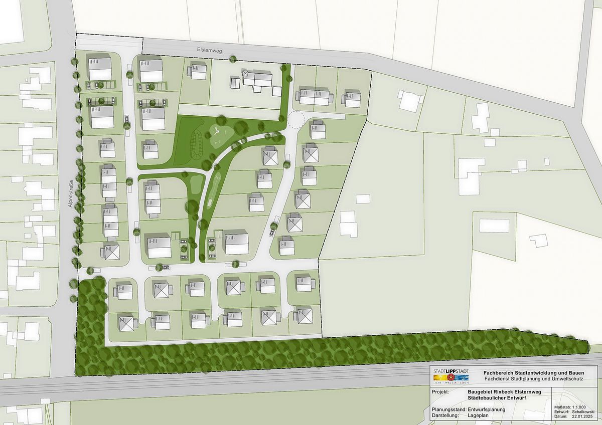 Vier Hektar Zukunft mit Hindernissen: Das geplante Baugebiet am Elsternweg in Rixbeck stößt auf „ernsthafte artenschutzrechtliche Bedenken“. Visualisierung: Stadt Lippstadt