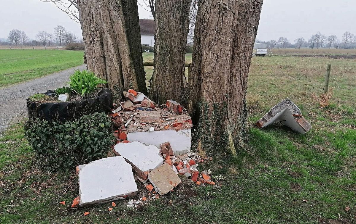 Weil der Bildstock an der Garfelner Straße angeblich die Standfestigkeit der Pappeln gefährdet, musste er weichen. Die Versetzung misslang.