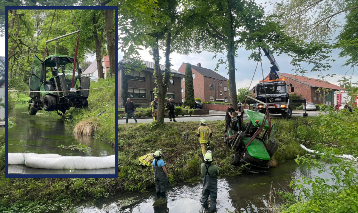 Diesen Kabinenmäher des Baubetriebshofs Erwitte mussten Feuerwehr und Abschleppdienst aus dem Osterbach retten. Fotos: Feuerwehr Erwitte