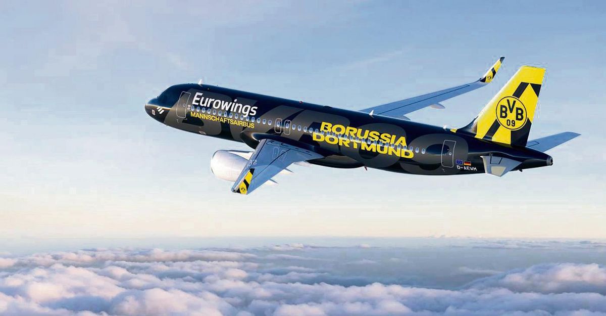 Es gehen auch spezielle Motive: Altitude Paint hat am Standort Münster/Osnabrück den neuen BVB-Airbus lackiert. Foto: Eurowings