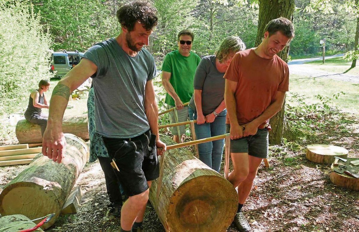 Teamwork: Zu sechst tragen die Kursteilnehmer eine Klotzbeute in den Schatten.