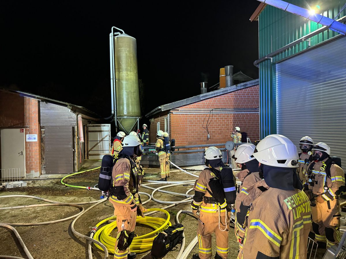 Die Feuerwehr Lippstadt ist am Donnerstagabend zu einem Feuer nach Hörste alarmiert worden: Dort stand das Dach eines Schweinestalls in Flammen. Fotos: Feuerwehr Lippstadt 