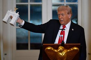 Trump stellte bei einem Spendendinner ein Modell für einen Triumphbogen in der US-Hauptstadt Washington vor. - Foto: John McDonnell/AP/dpa