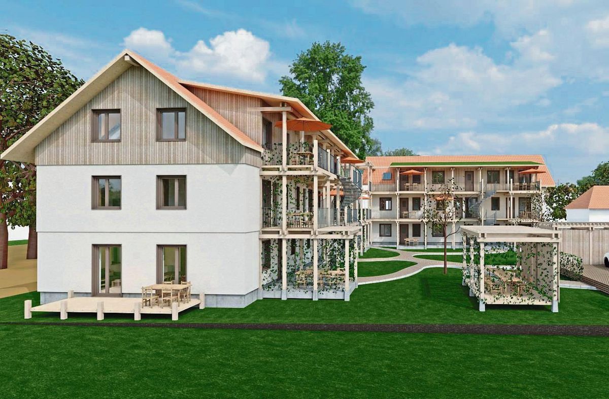 Der Blick von Westen auf das „LinDe“-Bauvorhaben zeigt die Architektur; das lebendige Miteinander bringen die Menschen nach Abschluss der Bauarbeiten im Sommer 2027 ins Haus.