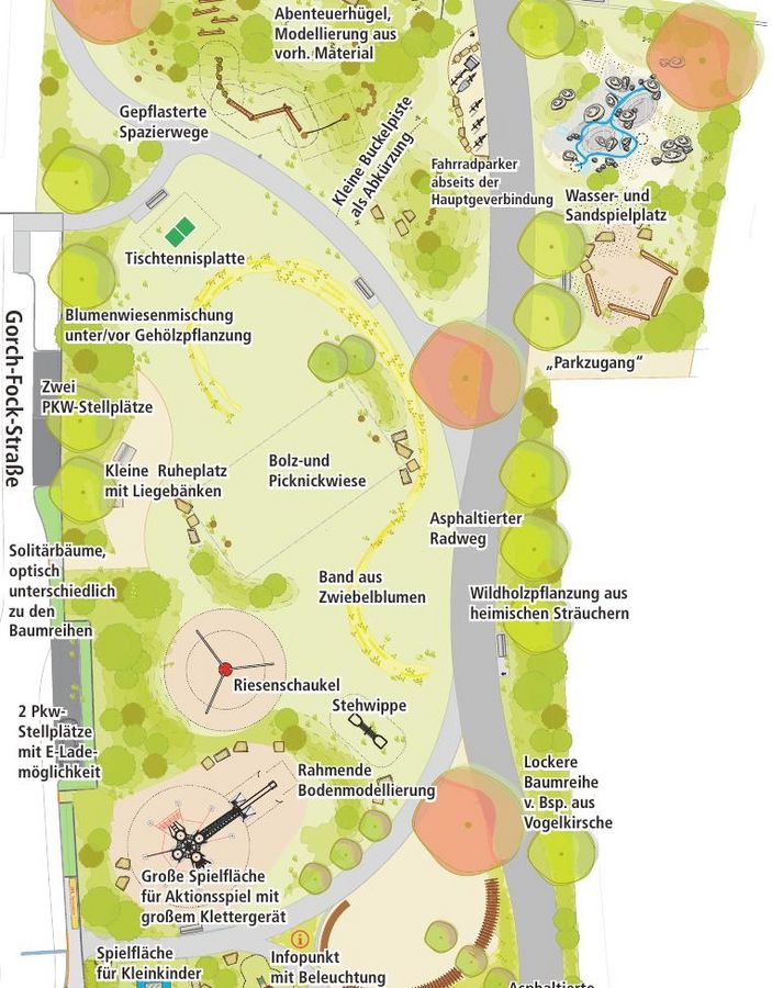 Südlich des Bastertgrabens liegt der 5000 Quadratmeter große künftige „Bürgerpark“ im Baugebiet Auf dem Rode, der Bereiche zum Spielen und Erholung bieten und „ein Angebot an alle Generationen“ sein soll. Entwurf: Bauer + Fecke Landschaftsarchitekten