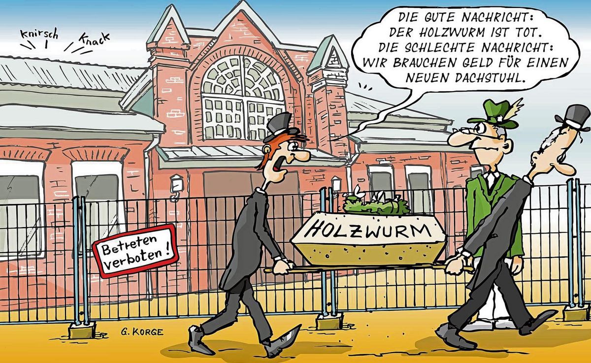 Zur Problematik rund um den Holzwurm in der Altengeseker Schützenhalle hat sich unser Karikaturist Gerd Korge diese Szene ausgedacht.