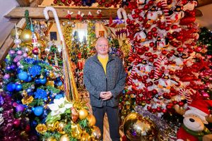 Thomas Jeromin steht inmitten von Weihnachtsbäumen in seinem Haus im Landkreis Schaumburg. - Foto: Julian Stratenschulte/dpa