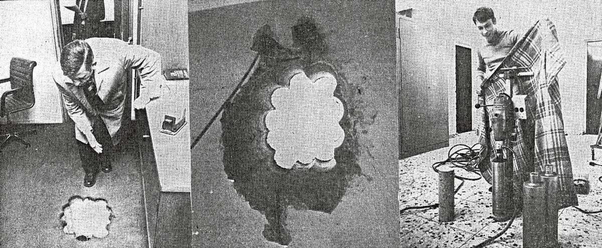 Szenen eines Einbruchs: Gustav Vitz (l.), damaliger Direktor der Sparkasse Erwitte-Anröchte, vor dem Loch, durch das die Panzerknacker in den Tresorraum gelangten. Mit einer Leiter stiegen die Einbrecher ein (M.). Kriminal-Hauptkommissar Hans Oberhoff mit dem Spezial-Bohrgerät (r.). Fotos: Archiv