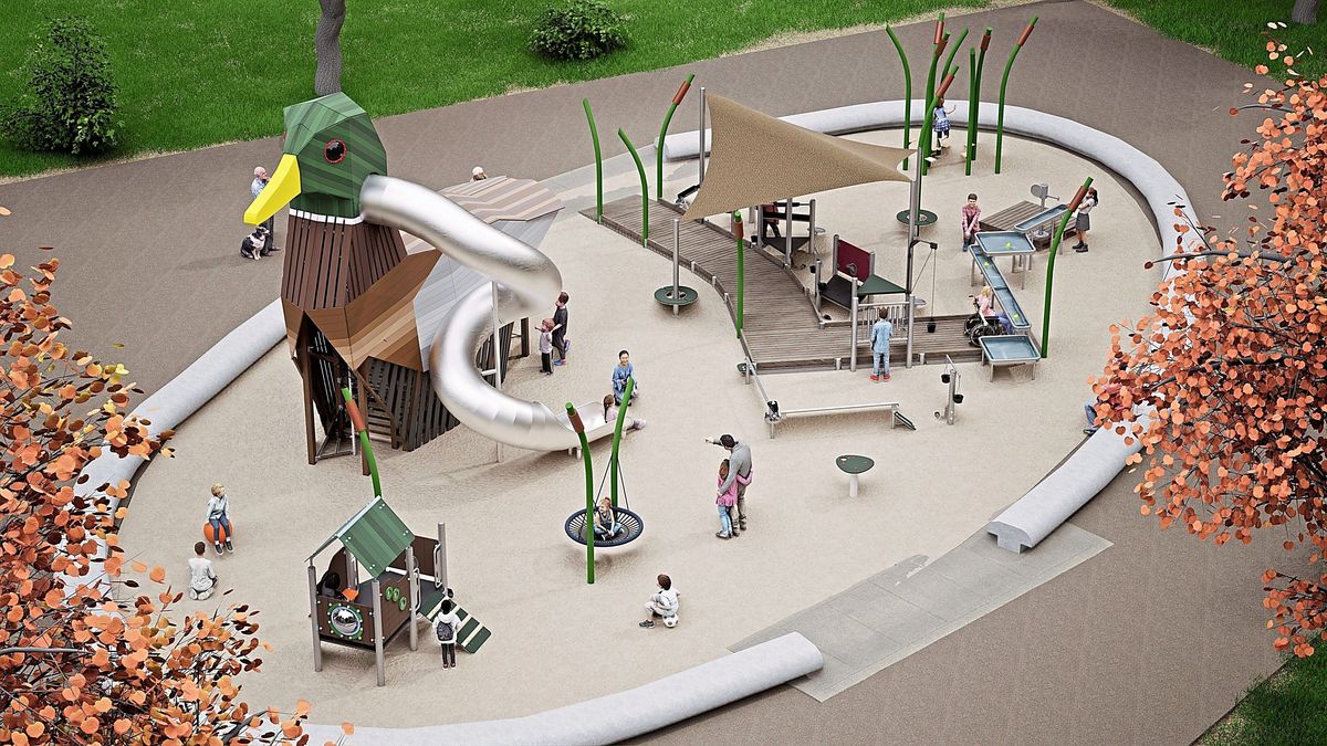 Die Kletterente ist im Anflug: Der beliebte Kinderspielplatz „Entenei“ im Grünen Winkel wird umfassend neu gestaltet. Die Arbeiten sollen voraussichtlich am 28. Oktober starten. Visualisierung: Playparc
