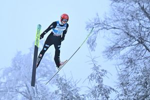 Karl Geiger springt auf Platz drei in Willingen. - Foto: Swen Pförtner/dpa