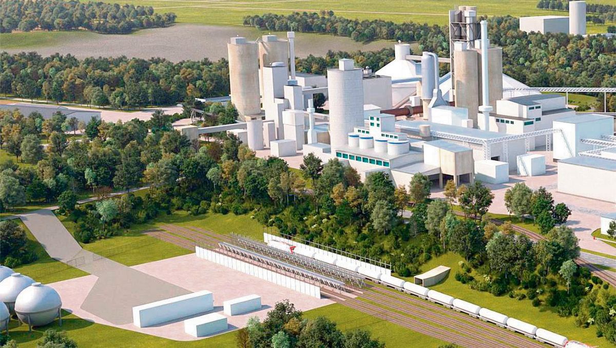 So könnte es einmal aussehen – nach jetzigem Planungsstand (und darum unverbindlich): Im Zuge des Projekts „GeZero“ würde Heidelberg Materials das Werk umbauen und einen CO2-Verladebahnhof errichten – hier im Vordergrund. Grafik: Heidelberg Materials