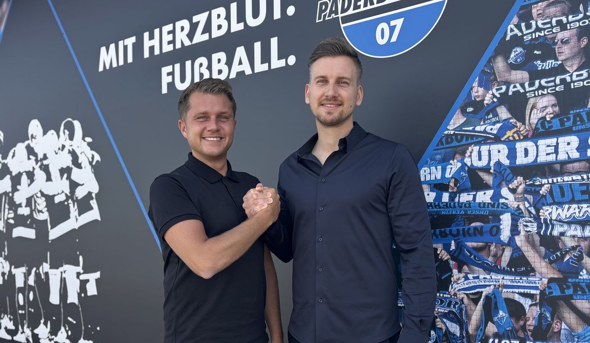 Der Geseker Robin Trost (l.) kehrt nach einem halben Jahr beim VfB Stuttgart als Sportdirektor zurück nach Paderborn, Dominik Roll kommt vom Ligabegleiter Fortuna Düsseldorf als Leiter der Lizenzspieler-Abteilung an die Pader. Foto: SC Paderborn