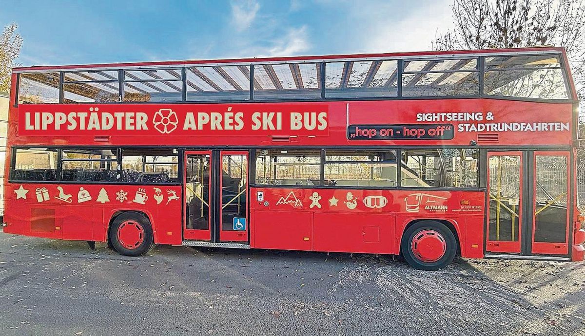 Rot, Baujahr 1990, 85 Sitze, gestern noch in Münster, heute in Lippstadt: Der neue Après-Ski-Bus steht ab nächsten Mittwoch für fünf Tage auf dem Weihnachtsmarkt. Ab sofort kann er auch für Schul- und Vereinsfahrten gebucht werden.