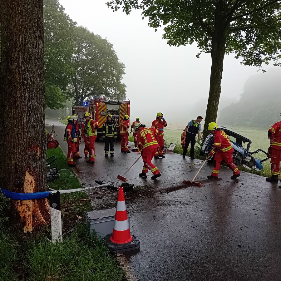 Erst prallte das Auto gegen den Baum links, dann rechts gegen den zweiten. Foto: Feuerwehr