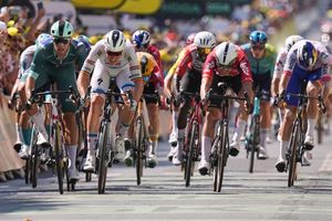 Die Radprofis im Massensprint auf der neunten Etappe. - Foto: Thibault Camus/AP/dpa
