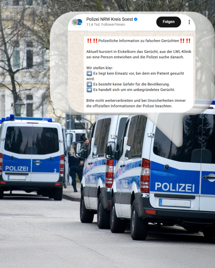 Die Polizei im Kreis Soest klärt auf, dass es keinen Einsatz an der Klinik in Eickelborn gibt. Es handelt sich um ein Gerücht. 