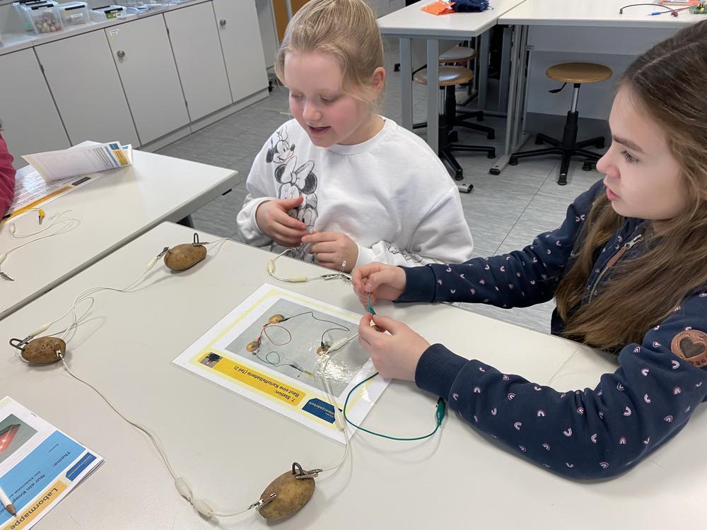 Maya und Emmy forschen an der Kartoffel-Station. Foto: Grundschule St. Marien