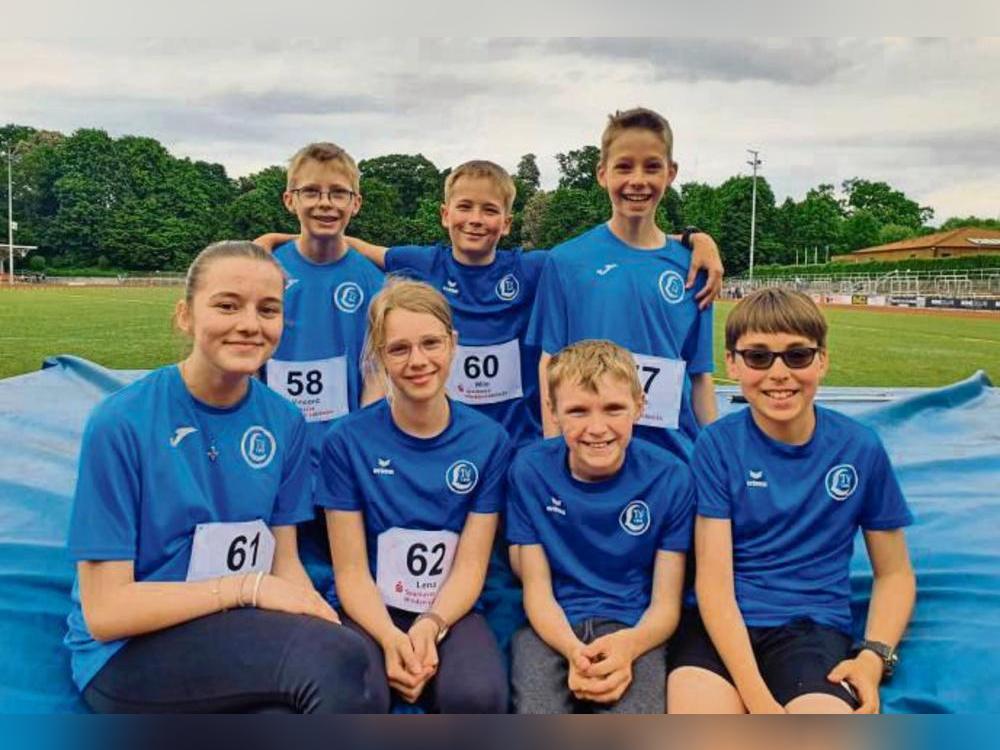 Die Farben des LTV beim Mehrkampf in Minden vertraten (v.l.): Enna Coralic, Vincent Hesse, Lena Möller, Milo Röhrig, Damian Albrecht, Julius Hesse und Julian Kaiser.