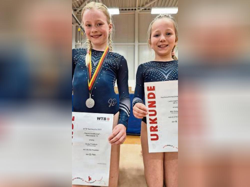 Eine gute Vorstellung zeigten Greta Friedrich (l.) und Mia Schieven (r.) von der DJK Arminia Erwitte bei den westfälischen Meisterschaften im Geräteturnen.