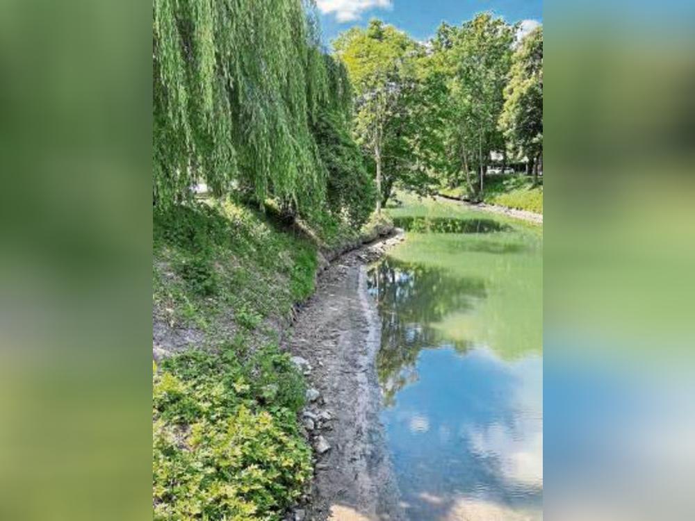 Der niedrige Wasserstand der Lippe ist unter anderem zwischen Kastanienweg und Ostendorfallee (hinter dem Quality Hotel) gut zu erkennen. Foto: Rückert