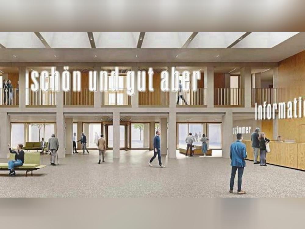 Zwischen Richtung und Reflexion: Im neuen Stadthaus sollen LED-Buchstaben nicht nur Orientierung („Trauzimmer“, „Information“) bieten, sondern zum Nachdenken („schön und gut aber“) anregen. Visualisierung: Büro uebele visuelle kommunikation