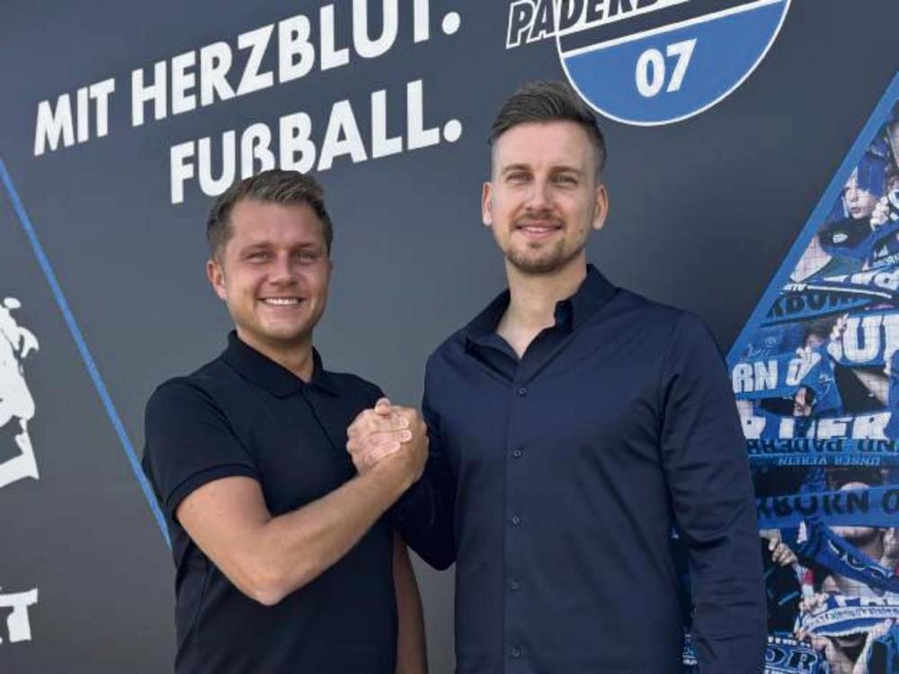 Der Geseker Robin Trost (l.) kehrt nach einem halben Jahr beim VfB Stuttgart als Sportdirektor zurück nach Paderborn; Dominik Roll kommt von Fortuna Düsseldorf als Leiter der Lizenzspieler-Abteilung an die Pader. Beide stärken die sportliche Führung des Zweitliga-Clubs. Foto: SC Paderborn