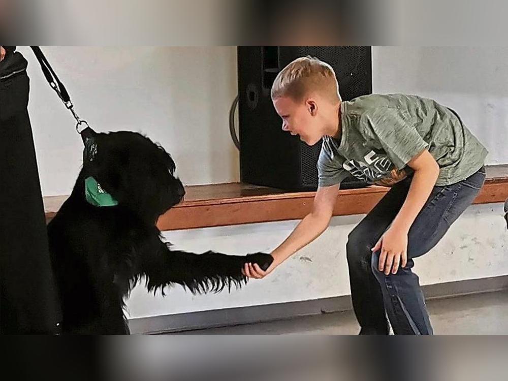 High Five mit der Pfote: Bei der Ferienspaß-Aktion buken die Kids nicht nur Hundekekse, sondern gingen auch mit Riesenschnauzer-Dame Fritzi auf Tuchfühlung. Foto: Goddek