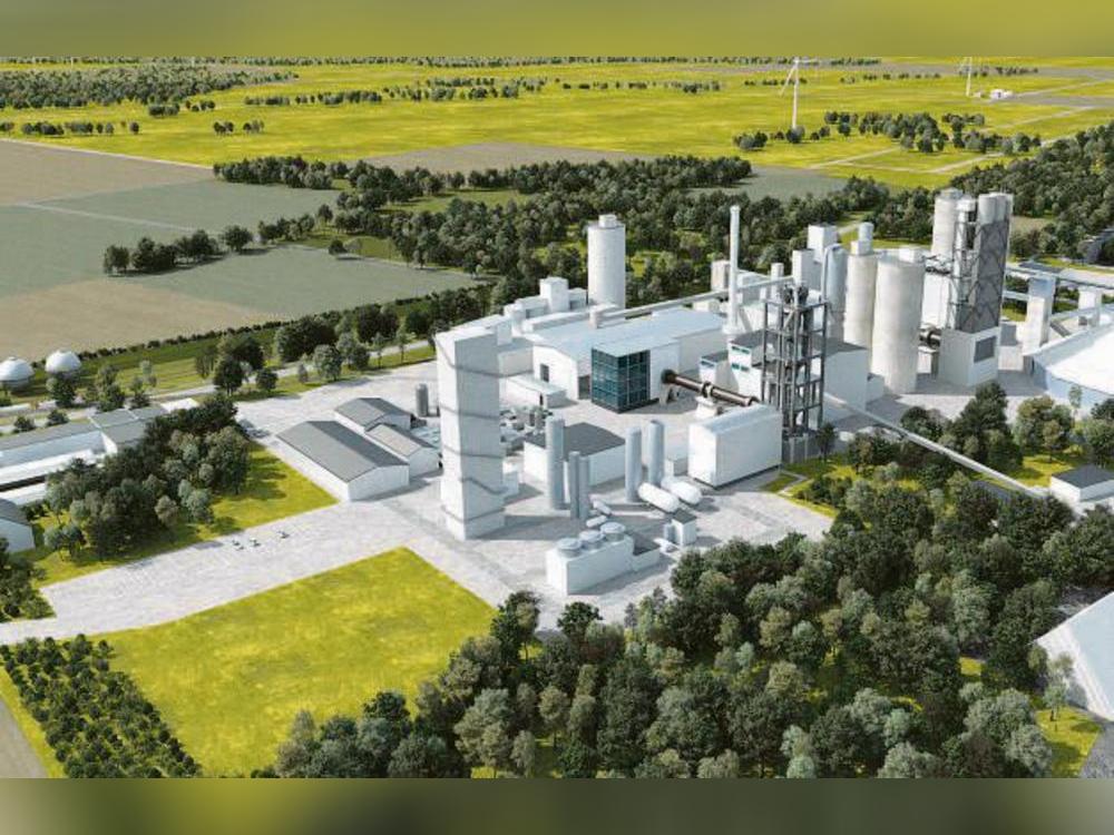 Die Grafik von Heidelberg Materials zeigt den Umbau des Zementwerks Milke: Links die geplante Gasreinigung, in der Mitte der neue Drehrohrofen mit Leitstand.