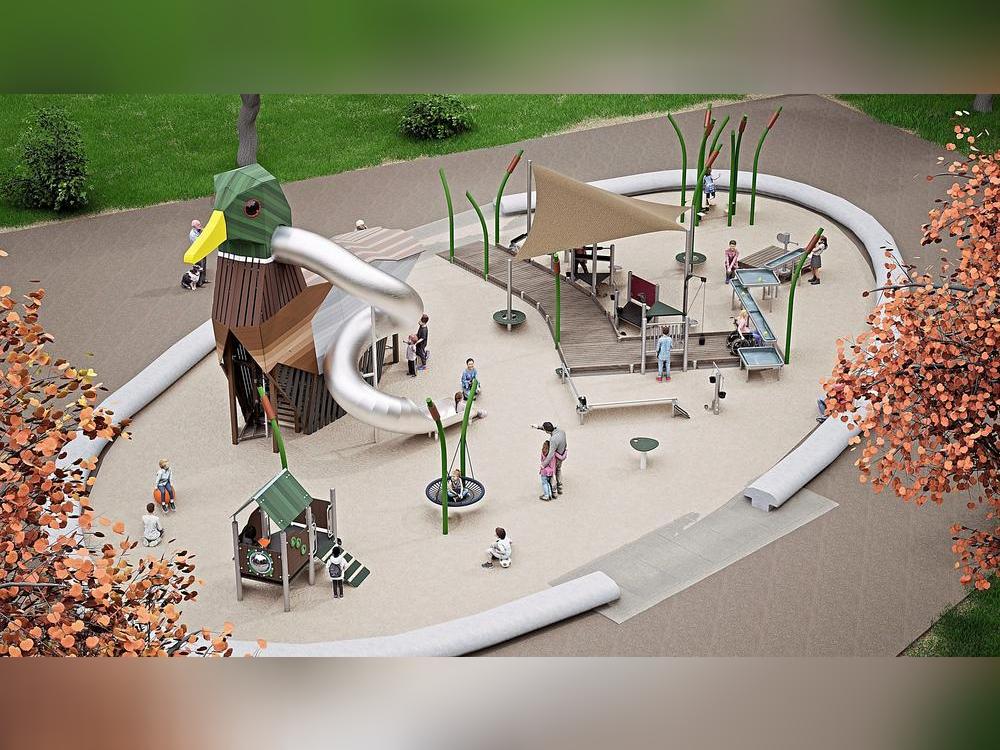 Die Kletterente ist im Anflug: Der beliebte Kinderspielplatz „Entenei“ im Grünen Winkel wird umfassend neu gestaltet. Die Arbeiten sollen voraussichtlich am 28. Oktober starten. Visualisierung: Playparc