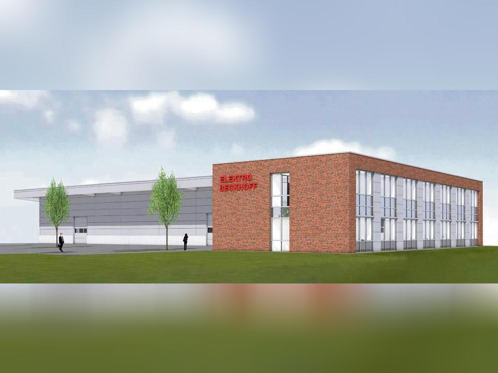 Auf einem knapp 6000 Quadratmeter großen Grundstück im Gewerbegebiet am Wasserturm baut Elektro Beckhoff neue Büros und eine Lagerhalle. Der Neubau soll Platz für 50 und mehr Mitarbeiter bieten.