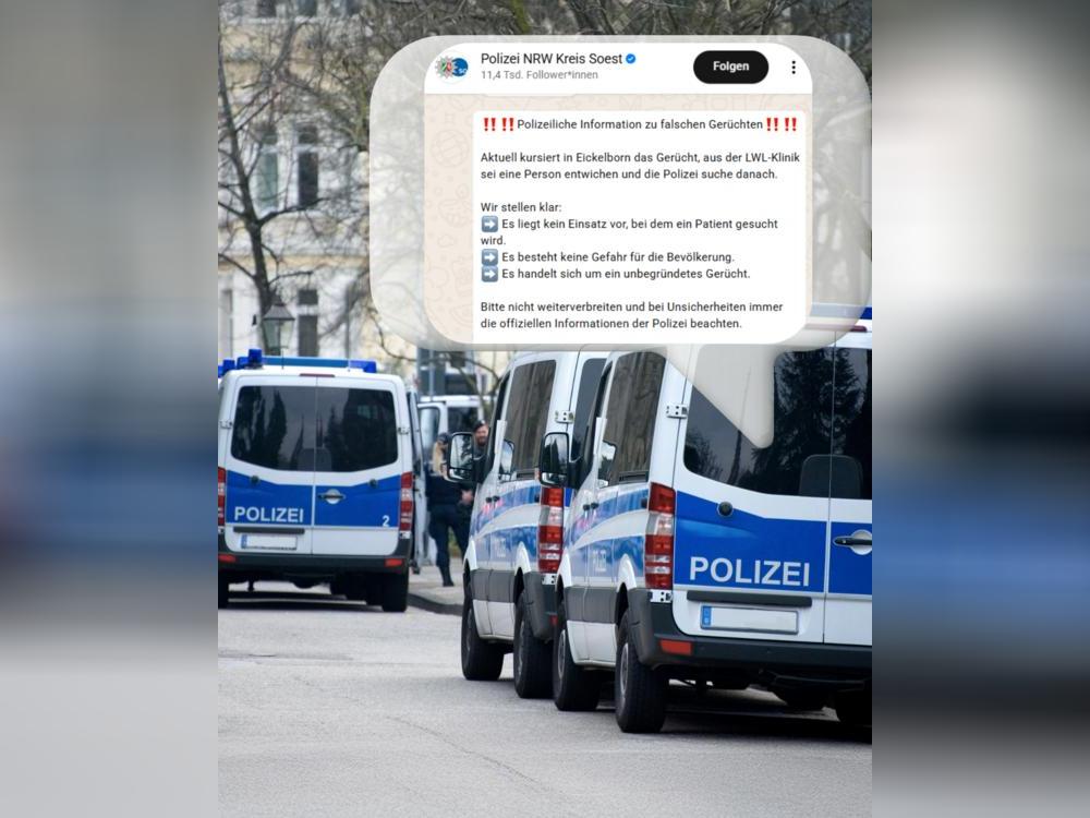 Die Polizei im Kreis Soest klärt auf, dass es keinen Einsatz an der Klinik in Eickelborn gibt. Es handelt sich um ein Gerücht. 