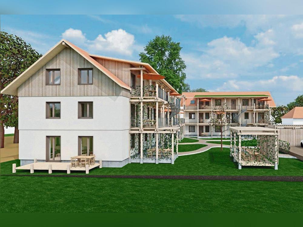 Der Blick von Westen auf das „LinDe“-Bauvorhaben zeigt die Architektur; das lebendige Miteinander bringen die Menschen nach Abschluss der Bauarbeiten im Sommer 2027 ins Haus.