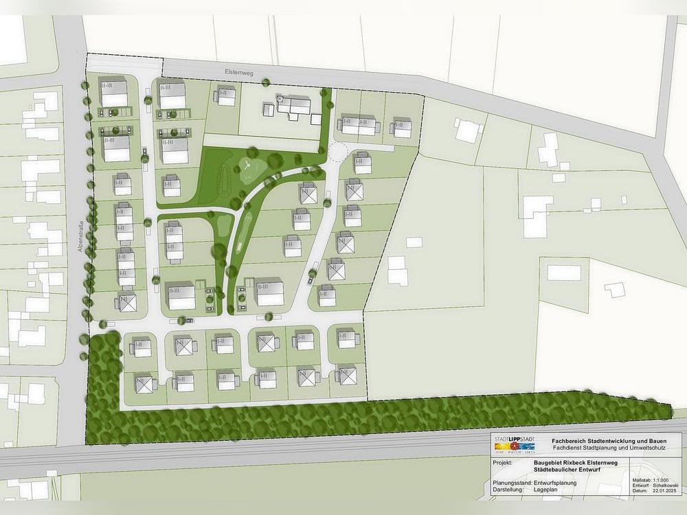Vier Hektar Zukunft mit Hindernissen: Das geplante Baugebiet am Elsternweg in Rixbeck stößt auf „ernsthafte artenschutzrechtliche Bedenken“. Visualisierung: Stadt Lippstadt