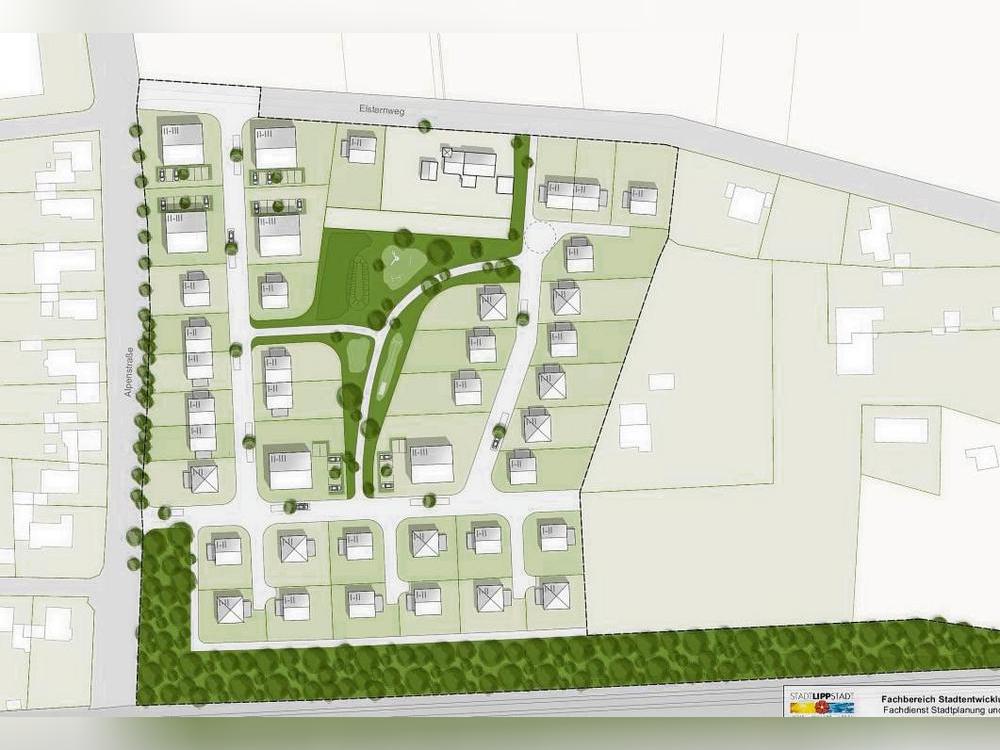 Vier Hektar Zukunft mit Hindernissen: Das geplante Baugebiet am Elsternweg in Rixbeck stößt auf „ernsthafte artenschutzrechtliche Bedenken“. Visualisierung: Stadt Lippstadt