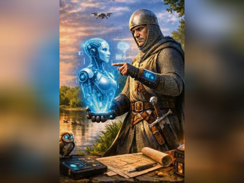 An der Lippe begegnet Graf Bernhard einer holografischen KI – ein von KI generierter, symbolischer Blick darauf, wie die Technik mittlerweile auch in Lippstadt Entscheidungen unterstützt.