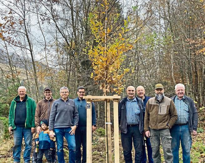 Eine junge Eiche pflanzten die „Alten Säcke“ im Bibertal, benannt wurde er nach Willi Höttecke. Foto: Marcus Kloer