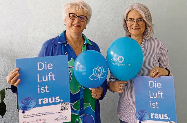 Sabine Lohmann (l.) und Verena Ising-Volmer von der Katholischen Arbeitsgemeinschaft Müttergenesung im Erzbistum Paderborn rufen zur #LuftHolChallenge auf, um auf Kurangebote aufmerksam zu machen.