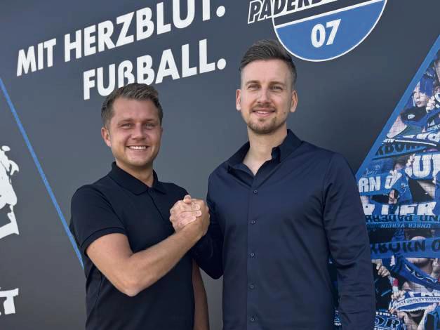 Der Geseker Robin Trost (l.) kehrt nach einem halben Jahr beim VfB Stuttgart als Sportdirektor zurück nach Paderborn; Dominik Roll kommt von Fortuna Düsseldorf als Leiter der Lizenzspieler-Abteilung an die Pader. Beide stärken die sportliche Führung des Zweitliga-Clubs. Foto: SC Paderborn