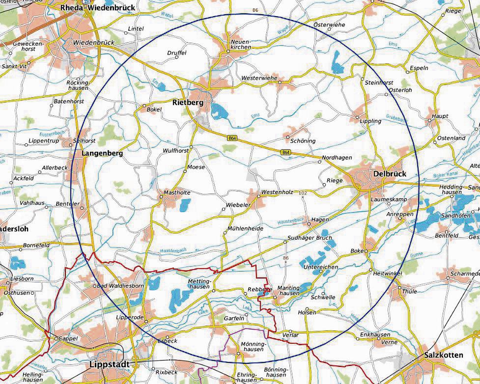 Nach dem Ausbruch der Geflügelpest in einem zweiten Geflügelbestand im benachbarten Kreis Paderborn nahe der Soester Kreisgrenze liegen weitere Teile von Lippstadt in einer Überwachungszone. Karte: Geobasis NRW