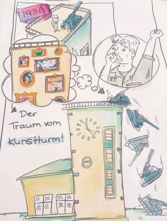 Die Gründungsgeschichte von Kunst im Turm in witzigen Bildern zusammengefasst: Auszüge aus einer Präsentation des Designseminars Profiprax, die im Januar beim Neujahrsempfang der Stadt Lippstadt zu sehen war. Die Umsetzung der gemeinsam entwickelten Ideen übernahmen Mia Frey und Laura Tschorn. Fotos (6): Balzer