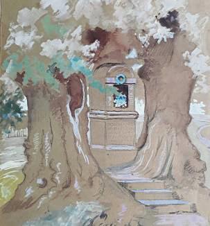 Ein kleines Kunstwerk aus dem Jahr 1924: Aquarell der Josefslinde von P. Walther Tecklenborg.