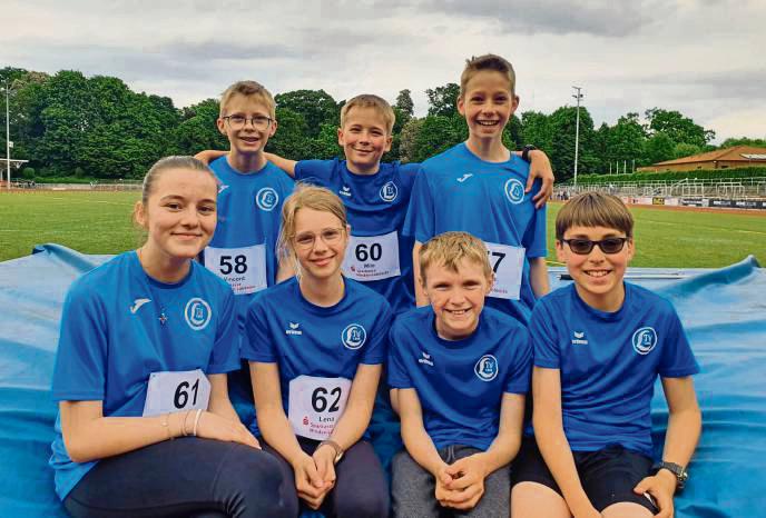 Die Farben des LTV beim Mehrkampf in Minden vertraten (v.l.): Enna Coralic, Vincent Hesse, Lena Möller, Milo Röhrig, Damian Albrecht, Julius Hesse und Julian Kaiser.