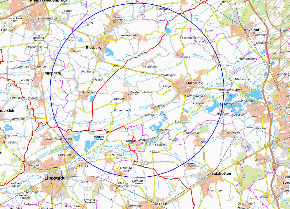 Geflügelpest in Delbrück-Westenholz: Jetzt treten die gesetzlichen Schutzmaßnamen in Kraft - auch Lippstadt und Geseke sind davon betroffen, mit einer Schutzzone. Karte: Kreis Soest