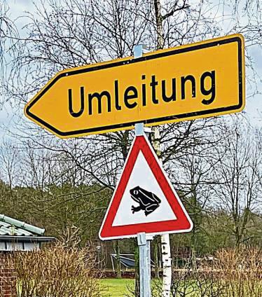 Die Straße An den Teichwiesen ist wegen der Froschwanderung nachts gesperrt.