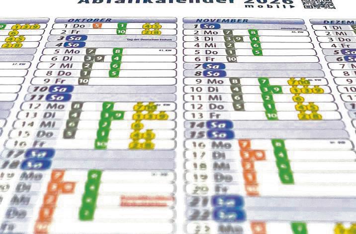 Klar strukturiert kommt auch 2026 der Abfallkalender daher, erarbeitet von der ESG und den Kommunen. Foto: Björn Winkelmann
