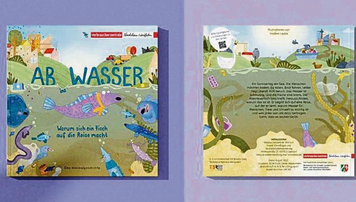 Das kleine Wimmelbuch „ABinsWASSER“ von vorne und hinten: Bunte Illustrationen laden zum Entdecken ein, während ein QR-Code auf der Rückseite weitere spannende Infos und Malvorlagen bereithält.
