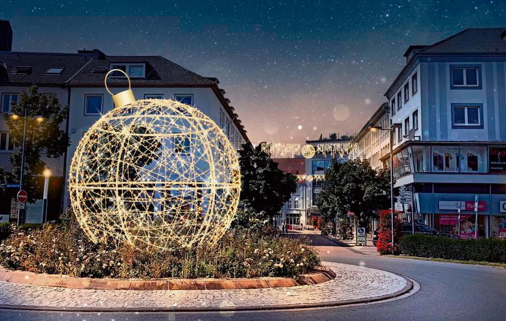 Auf dem Kreisel in Lippstadt könnte eine Christmas-Kugel (Hersteller: Bellucci) aufgestellt werden. Ein Strom-Leerrohr liegt, die Stadt ist in die Pläne eingebunden. Ansicht: MK Illumination