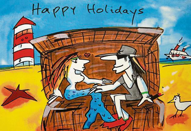 Motive wie „Greif nach Deinem Stern“ und „Happy Holidays“ (Edition 2025) werden im Kunsthaus Rietberg gezeigt. Fotos: Galerie Nassler